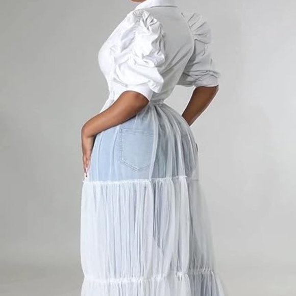 New White Mesh See-Through Shirt Long Dress with Belt V Neck Button Down - Picture 5 of 8